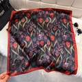 Elegant black silk square scarf with vibrant tulip floral print and red satin borders - Red (Red Tulips on Black)