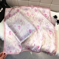 Elegant square silk scarf with tulip floral print and pink satin edges on plush surface - Pink (Elegant Tulips)