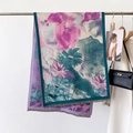Artistic abstract floral scarf with purple and green patterns and delicate fringe trim - One Size / Pale Blue