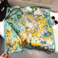 Elegant vintage square silk scarf with green sunflower floral pattern and satin border - Cyan (Vintage Sunflowers)