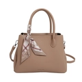 Brown lychee leather tote bag with silk scarf accessory and detachable shoulder strap - Khaki