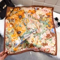 Brown silk floral square scarf with retro daisy pattern on white plush background - Coffee Brown (Daisy Print)