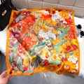 Retro lotus silk square scarf with bright orange borders and vivid floral print pattern - Orange Red (Lush Floral)
