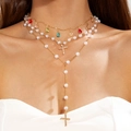 Gold layered Y-necklace with colorful crystal teardrops and white pearls for women - 3-Layer Pearl Water Drop Gem (30253-nek-G colour)
