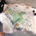 Square silk scarf with vintage lotus print in pink and green on a plush background - Pink Green (Fine Floral Print)