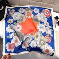 Orange silk square scarf with blue floral print and roses on plush background - Deep Blue (Realistic Rose Floral)