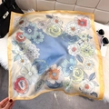 Floral square silk scarf with blue-white gradient and yellow border on fur background - Yellow Border (Fresh Blue Gradient)