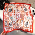 Tropical square silk scarf with red border and palm tree print on white background - Red (Vacation Marine Elements)