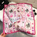 Tropical print silk square scarf with pink border and toucan pattern on plush background - Rose Red (Tropical Vacation)