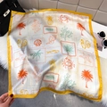 Tropical sea elements silk square scarf with yellow border and palm tree prints - Yellow (Marine Vacation)