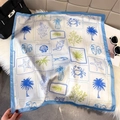 Tropical ocean themed square silk scarf with palm tree and starfish patterns in blue and white - Light Blue (Satin Marine Print)