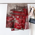 Elegant retro scarf with crane and maple motifs hanging in a stylish setting - Oriental Retro Red (YH-145-Red)