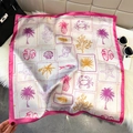 Square silk scarf with peach pink borders featuring tropical palm and sea shell patterns - Rose Red (Tropical Marine)