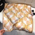 Square silk scarf with orange feather print and golden satin border on white plush carpet - Orange (Gold Brown Feather)