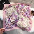 Elegant square silk scarf with purple and pink floral patterns on white faux fur background - Lotus Pink (Satin Floral)