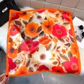 Floral print square silk scarf with orange lotus patterns and satin finish for women - Orange Red (Floral Art)