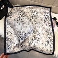 Elegant floral silk square scarf in beige with grey patterns and black border trim - Black (Grey Art Floral)