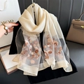 Elegant champagne silk scarf with orange floral embroidery for women luxury style - 90*192cm / Apricot