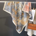 Elegant tropical floral print silk scarf displayed with a luxury handbag and magazine - 90*90cm / HS-43 Beige Border