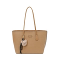 Borsa tote vintage marrone chiaro con goffratura, logo fashion e ciondolo a orsetto - Cachi