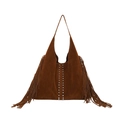 Braune Hobo-Schultertasche aus Wildleder mit Fransen und Nieten im minimalistischen Retro-Stil - Braun