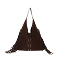 Dunkelbraune Oversize-Wildledertasche mit Fransenquasten und silbernen Nieten - Braun