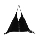 Große schwarze Wildledertasche mit Fransenquasten und silbernen Nietendetails - Schwarz