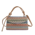 Bunte gewebte Umhängetasche mit geometrischem V-Muster und Ledergriffen - Khaki