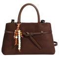 Sac fourre-tout marron en daim vintage avec poignées en cuir et gland en perles de bois - Café (Sans Pendentif)
