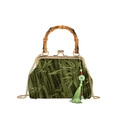 Retro dark green velvet handbag with bamboo handle and elegant bamboo leaf pattern - Green