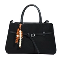 Vintage black frosted leather tote bag with stylish wooden beaded charm and shoulder strap - Black (No Pendant)