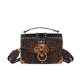Retro leopard print handbag with golden lion head buckle and studded leather flap - Brown