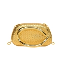 Golden woven evening clutch bag with metallic oval buckle and chain strap on white background - Gold