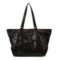 Bolso tote vintage negro grande en cuero brillante con detalles metálicos dorados - Negro