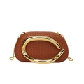 Brown woven leather evening bag with golden C-handle and detachable chain strap - Brown