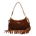 Brown suede saddle bag with fringe trim and gold zip for women stylish retro crossbody - Brown