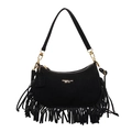 Black suede dumpling bag with long fringe tassels and golden hardware crossbody style - Black