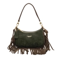 Deep green suede fringe shoulder bag with bohemian tassels and gold hardware accents - Green
