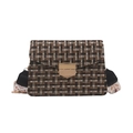 Retro plaid tweed crossbody bag with golden buckle and embroidered wide shoulder strap - Black