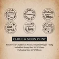 Set van 6 vintage ronde rubberen stempels met beukenhouten handvatten voor journaling - Wolk en Maan Stijl