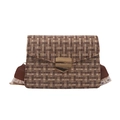 Brown tweed woven crossbody bag with vintage flip cover and ethnic print wide strap - Brown