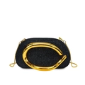 Sparkling black glitter clutch bag with large golden C-shaped handle and chain strap - Black