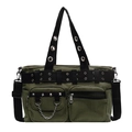 Army green corduroy tote bag with punk rivets and metal chain shoulder straps - Green
