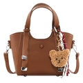 Brown lychee texture leather tote bag with plush bear charm and woven tassel strap - With Pendant / Brown