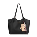 Large black minimalist tote bag with gold lettering and plush bear accessory - Black (With Charm)