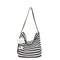 Sac fourre-tout en toile rayée avec lanières brunes et pendentif nuage mignon - Noir (Avec Pendentif)