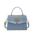 Pale blue woven texture box handbag with gold hardware and adjustable shoulder strap - Blue