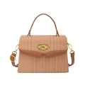 Pink and brown woven box bag with leather trim and golden oval twist lock detail - Brown