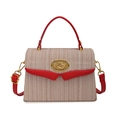 Chic beige woven box bag with contrast red leather trim and gold knot buckle detail - Red
