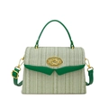Green and white tweed box bag with gold knot clasp and leather handle for women - Green